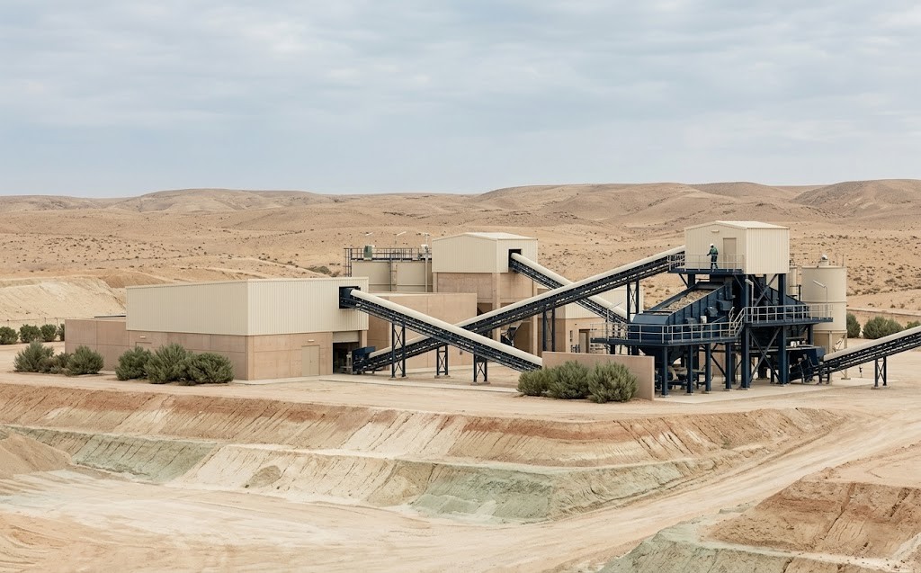 Mineral processing plant in a desert landscape