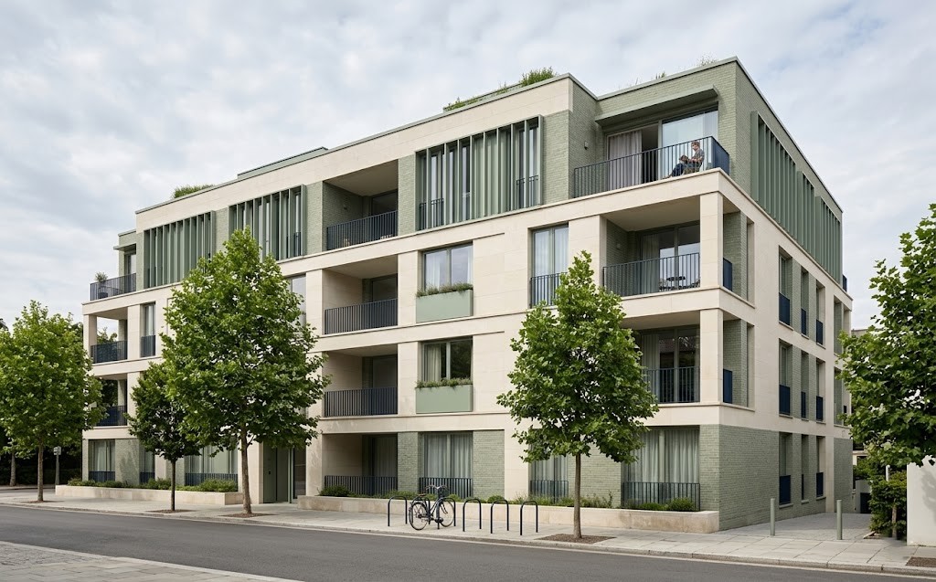 Modern residential apartment building exterior in soft daylight