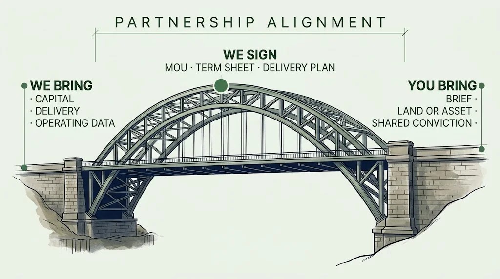 TML Partnerships plate. Architect's elevation of a truss bridge spanning two abutments. Left abutment We Bring: Capital, Delivery, Operating Data. Right abutment You Bring: Brief, Land or Asset, Shared Conviction. Keystone marker We Sign: MOU, Term Sheet, Delivery Plan.