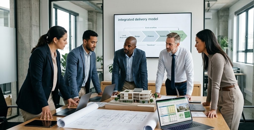 An integrated delivery team gathered around a building model, looking at a screen showing the integrated delivery model flow from land acquisition through design, finance, construction, and operational handover