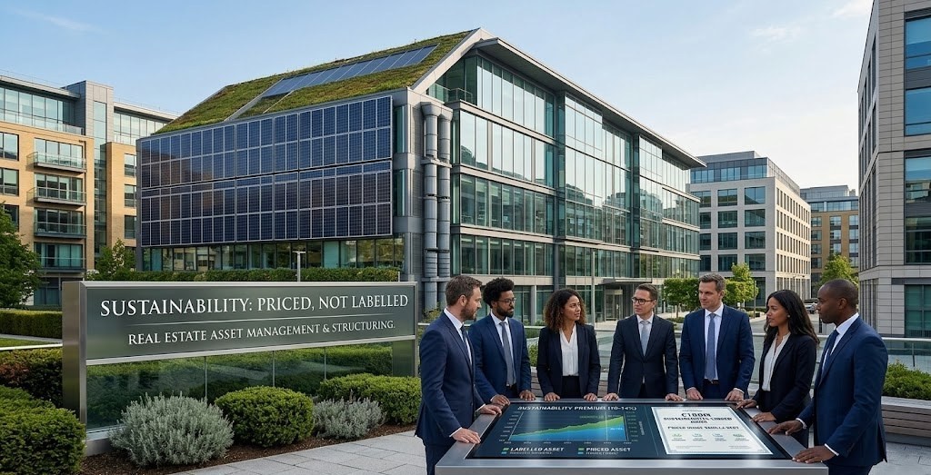 Team reviewing the sustainability-linked structuring outside an office with a green roof and solar panels