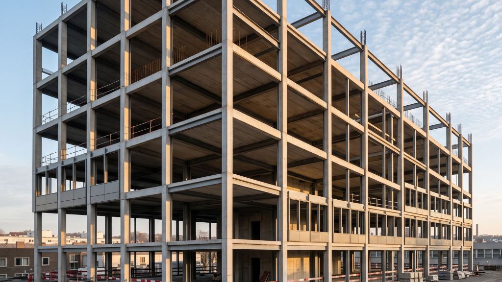 GREAP, structured to compound: the exposed structural frame of a mixed-use building at first light