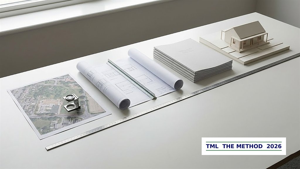 An overhead photograph of an aerial site photo, technical drawings, bound reports, and a white card architectural model, representing the four-step method: identify, define, structure, deliver